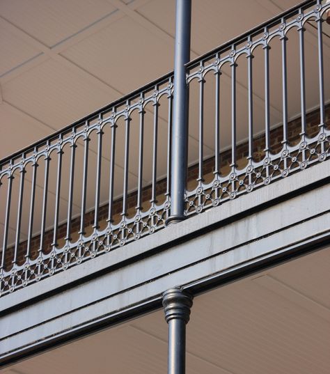 Cast Iron Stair and Balcony Railings Archives - Heritage Cast Iron USA Brewery Patio, Wrought Iron Balcony Railing, Iron Railings Outdoor, Cast Iron Railings, Iron Balcony Railing, Hemingway House, Balcony Railings, Metal Railing, Iron Handrails