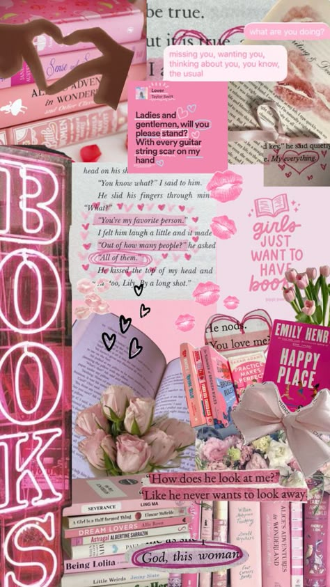 Book Mood Board Aesthetic, Kindle Girly Aesthetic, Pink Books Wallpaper, Pink Writing Aesthetic, Book Collage Ideas, Tracy Aesthetic, Bookish Wallpaper Aesthetic, Lily + Core + Aesthetic, Bookish Wallpaper