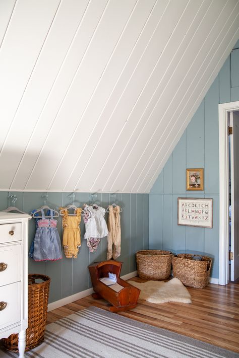 DIY painted peg row instead of closet in Lucy's nursery / Create / Enjoy A Frame Nursery, Nursery Ceiling Paint, Nursery Ideas Slanted Ceilings, Angled Ceiling Nursery, Small Attic Nursery, Attic Nursery Ideas, Slanted Ceiling Nursery Ideas, Nursery With Slanted Ceiling, Nursery With No Closet