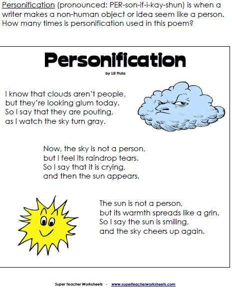 Personification poem and other writing worksheets Personification Poems, Figurative Language Lessons, Poetry Worksheets, Figurative Language Worksheet, Text Structures, Similes And Metaphors, Teaching Poetry, Language Worksheets, Kids Poems