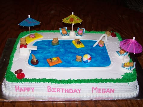 Swimming Pool Cake Pool Birthday Cakes, Pool Party Cake, Swimming Pool Cake, Swimming Cake, Birthday Cake Designs, Pool Party Cakes, Pool Cake, Pool Party Themes, Pool Party Kids