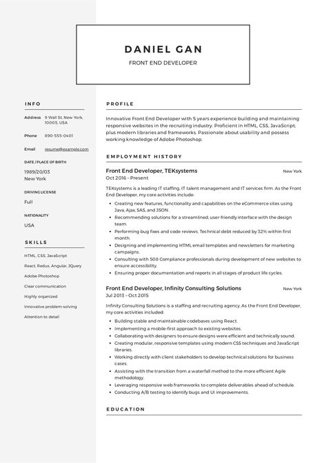 Front-End Developer Resume Example, Template, Sample, CV, Formal, Design, Creative, Free Download in PDF Formal Cv Design, Front End Developer Portfolio, Frontend Developer Portfolio, Front End Developer Resume, Software Developer Resume, Portfolio Aesthetic, Cv Templates Free Download, Web Developer Resume, Free Resume Examples