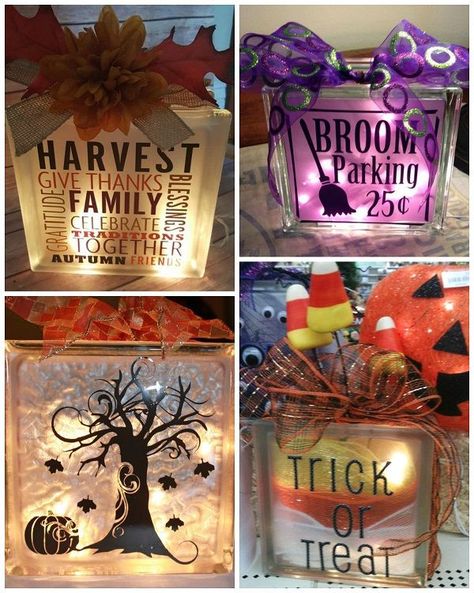 fall-halloween-glass-block-ideas Craft Design Ideas, Painted Glass Blocks, Decorative Glass Blocks, Block Pumpkins, Fall Blocks, Glass Block Crafts, Crafty Morning, Lighted Glass Blocks, Diy Blocks