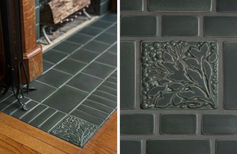 Black Tile Fireplace Hearth, Faux Hearth Ideas, Tile Under Fireplace, Tiles Hearth, Fireplace Floor, Fireplace Floor Tile Ideas, Fireplace Hearth Tile Ideas, Black Hearth Tiles, Tile Hearth