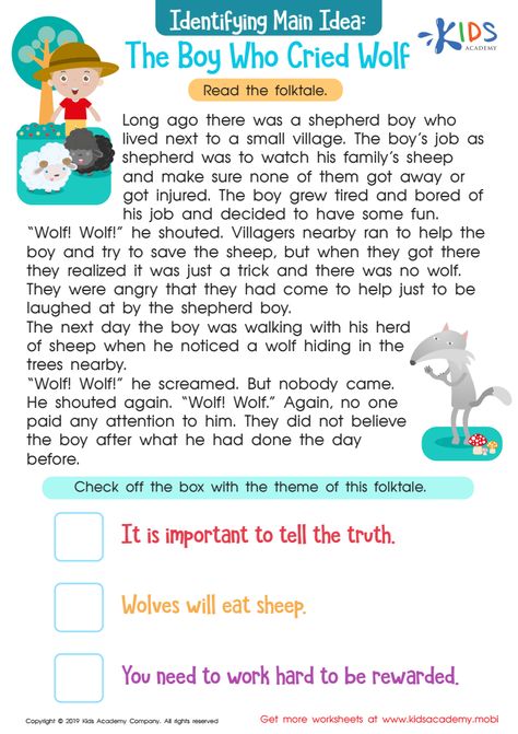 Every story has a theme or a main idea, which the author is trying to pass across to the readers. The aim of this worksheet is to help your kids find the theme of the story. 3rd Grade Reading Worksheets, Cherry Blossom Embroidery Pattern, Wolf Activities, The Boy Who Cried Wolf, Cherry Blossom Embroidery, Blossom Embroidery, Character Motivation, Short Moral Stories, English Stories For Kids