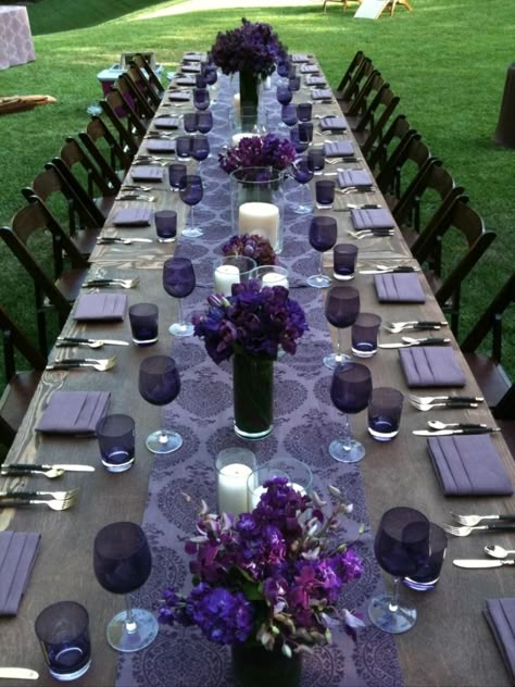 Purple And Black Wedding Venues, Magenta Amethyst Royal Blue Wedding, Purple And Black Tablescapes, Black And Amethyst Wedding, Gothic Purple Wedding Theme, Blue And Purple Gothic Wedding, Purple Themed Party Decorations, Purple Silver And Black Wedding Ideas, Diy Wedding Decorations Purple