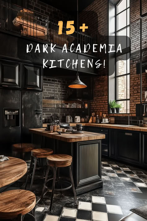 Dark Moody Restaurant Interior, Black Antique Cabinets Kitchen, Moody Kitchens Dark, Kitchen With Dark Ceiling, Modern Witch Kitchen Aesthetic, Dark Kitchen Appliances, Dark Academia Open Concept, Bar Themed Kitchen, Kitchen With Pot Rack