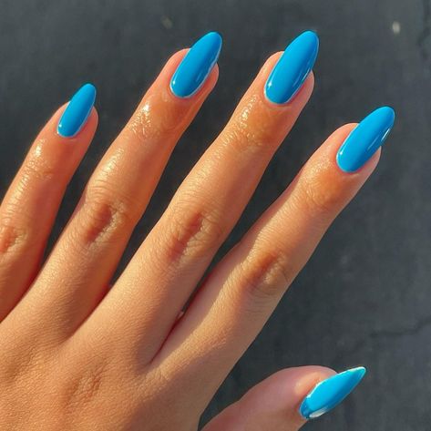 Matte Round Nails, Blue Plain Nails, One Color Almond Nails, Solid Blue Nails, Ocean Blue Nails, Solid Color Acrylic Nails, Bright Blue Nails, Winter Nail Colors, Nail Vibes