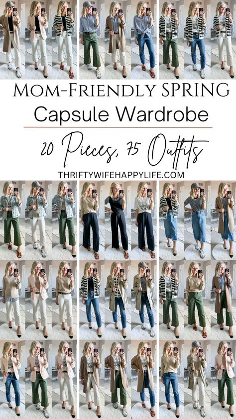 Mom-Friendly Spring Capsule Wardrobe- 20 Pieces, 75 Outfits Spring Weekend Outfit, Mom Outfits Spring, Smart Casual Women Outfits, Capsule Wardrobe Casual, Capsule Wardrobe Women, Spring Summer Capsule Wardrobe, Mom Wardrobe, Capsule Wardrobe Essentials, Casual Outfits For Moms