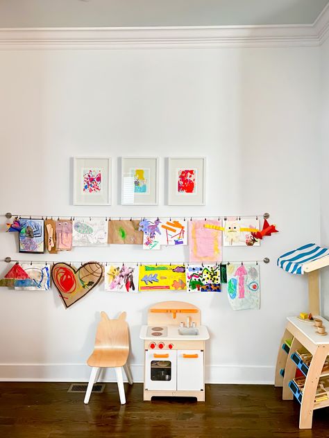 Kids Art Frame Display, Kids Art Display Wall, Kids Art Space, Art Display Wall, Kitchen Materials, Displaying Kids Artwork, Kids Rooms Inspo, Kids Art Galleries, Living Room Mantel