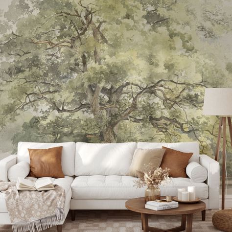 Wallpaper Murals Statement Wall, Tree Wall Mural, Bedroom Mural, Paint Bedroom, Unique Murals, Painted Wallpaper, Tree Wall Murals, Tree Mural, Scenic Wallpaper