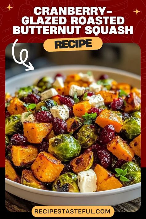 This Cranberry-Glazed Roasted Butternut Squash, Brussels Sprouts, and Sweet Potato Salad is a vibrant and flavorful dish, combining roasted vegetables with a sweet and tangy cranberry glaze. Topped with crumbled goat cheese and dried cranberries, it’s the perfect side dish for any occasion, adding both color and flavor to your meal. The earthy sweetness of the roasted vegetables pairs beautifully with the tangy glaze and creamy goat cheese Butternut Squash Side Dish, Cranberry Glaze, Vegetable Lunch, Best Broccoli Salad, Best Broccoli Salad Recipe, Crumbled Goat Cheese, Sprouting Sweet Potatoes, Roasted Fall Vegetables, Butternut Squash Sweet