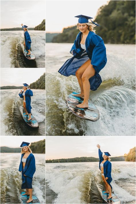 Senior Portraits Cap And Gown, River Senior Pictures, Dancer Senior Pictures, Cap And Gown Portraits, Lake Senior Pictures, Swimming Senior Pictures, Casual Senior Pictures, Lake Pics, Funny Senior Pictures