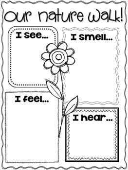 Change to past tense (I saw, I heard) for younger kids to complete as whole class afterwards. Nature Worksheets, Nature Walk Activities, Spring Writing Activity, Spring Kindergarten, Spring Writing, Spring Preschool, 5 Senses, Kindergarten Science, Five Senses