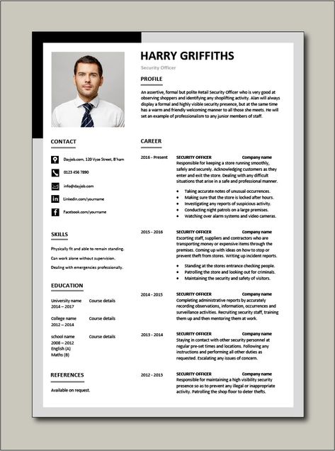 Immediately download this Free Security Officer CV template. Ideal for any Corporate, Retail or Building security jobs. It is in Microsoft Word (DOC) format, easy to edit, printable and can be fully customised. #CV #template #Resume #Free #Job #application #MS #Word #Corporate #Retail #Building #Bank #Guard Cv For Security Guard, Ali Hammuda, Free Cv Template, Cv Templates Free Download, Free Cv Template Word, Retail Building, Best Cv Template, Cv Example, Good Cv