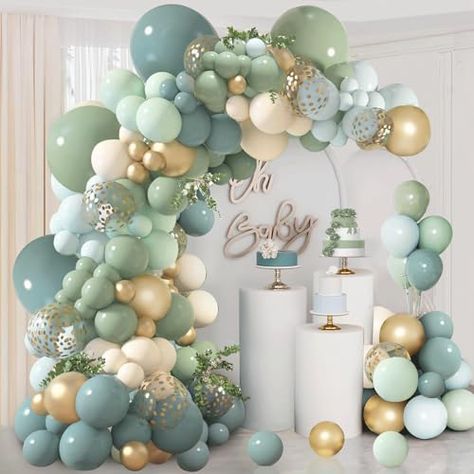 Sage Green Balloon Arch, Green Balloon Arch, Wild Baby Shower, Boho Birthday Party, Balloon Arch Kit, Green Sand, Gold Party Decorations, Gold Confetti Balloons, Metallic Balloons