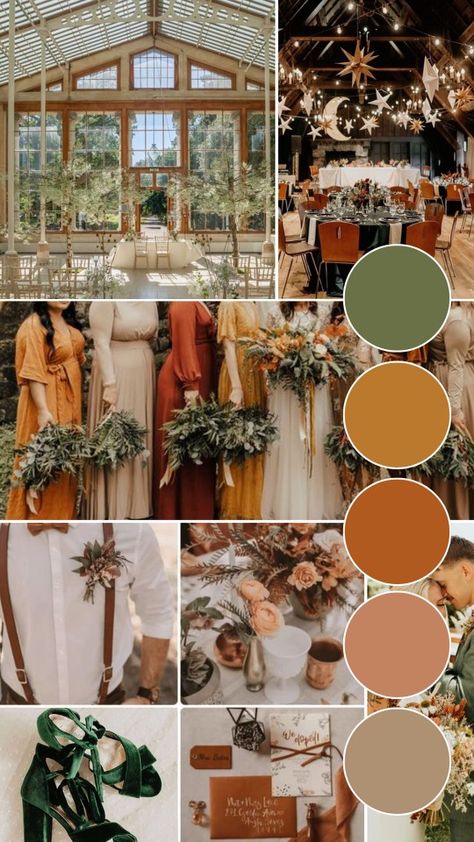 Terracotta Wedding Mood Board, Copper Tone Wedding, October Wedding Terracotta, Earth Tone Suit Men Wedding, Earth Tone Wedding Colors Summer, Terracotta And Mustard Wedding, Green Orange Color Palette Wedding, Harvest Wedding Colors, Neutral Fall Wedding Color Palette