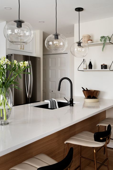 Verdun Condo - Midcentury - Kitchen - Montreal - by Laurie Yapp Design | Houzz Condo Kitchen Renovation, White Mid Century Modern Kitchen, Small Condo Kitchen, Modern Industrial Kitchen, Condo Kitchen Remodel, Custom Kitchen Remodel, Modern Grey Kitchen, Minimalist Bathroom Design, Small Condo