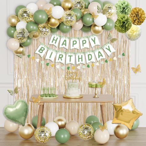 PRICES MAY VARY. Sage Green Birthday Decorations: The green birthday decorations include 54pcs 10” balloons(sage green*20/white*12/gold*12/apricot*10), 8pcs 12” gold confetti balloons, 2pcs gold fringe curtain, 4pcs paper poms, 1pcs happy birthday banner, 1pcs heart banner, 1pcs olive green heart balloon, 1pcs gold star balloon, 1pcs gold cake topper, 12pcs butterfly stickers, 1pcs ribbon, 1pcs glue points, 1pcs knotter. Perfect Birthday Decoration: The green party decorations consist of sage gr Green And Gold Bday Decor, Green Gold And Brown Party Decor, Sage Birthday Decor, Cottagecore Birthday Party Decor, Birthday House Decorations, Sage Green Birthday Decor, Green Birthday Aesthetic, Green Birthday Decor, Birthday Party Decorations Green