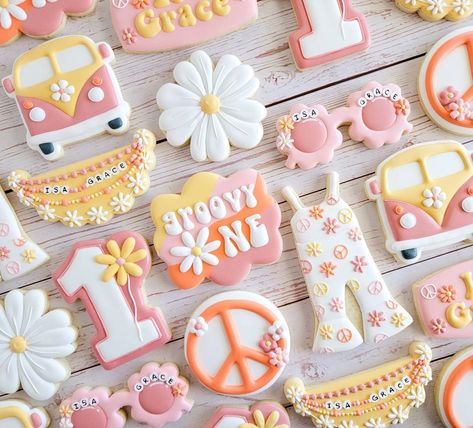 Groovy One ✌️ . . . . . . #cookies #sugarcookies #bradentoncustomcookies #customcookies #royalicingcookies #cookiesofinstagram #royalicing… | Instagram Groovy One Birthday Cake Ideas, Groovy One Sheet Cake, Groovy One First Birthday Dessert Table, 70s One Year Old Birthday, Groovy One Cookies Decorated, Groovy One First Birthday Treats, Groovy One Birthday Cookies, Groovy Babe Birthday Theme, Groovy One Dessert Table