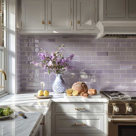 Light Purple Kitchen Walls, Lavendar Kitchen, Lavender Kitchen Decor, Purple Kitchen Cabinets, Purple Kitchen Designs, Violet Kitchen, Lavender Kitchen, Getaway House, Purple Tile