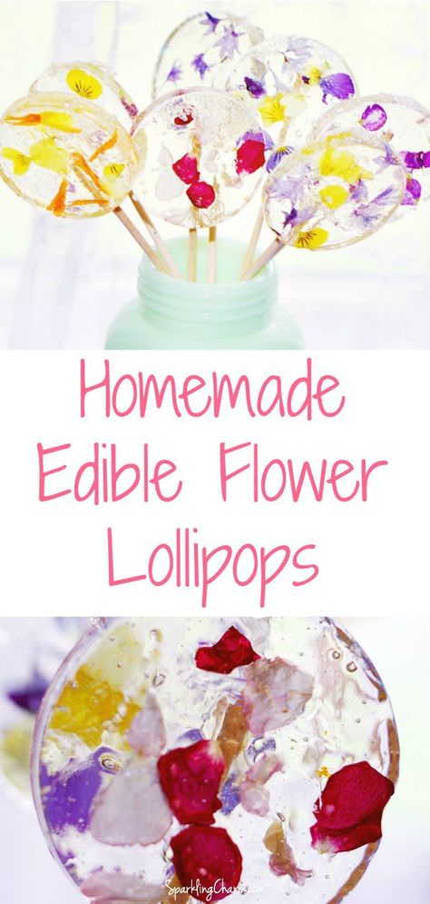 Homemade Flower Power Lollipops. These are perfect for a party, wedding, or shower  take-away goodie. ...and fun to give to special people you meet in a day.   #homemadelollipops #suckers #showerfood #weddinggifts #weddingtakeawaygifts Homemade Suckers Recipes, Floral Lollipops, Homemade Suckers, Suckers Lollipops, Flower Lollipops, Edible Flower Garden, Homemade Lollipops, Gourmet Lollipops, Lollipop Recipe