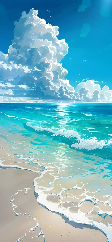 Sea Wallpaper Drawing, Ocean Wallpaper Drawing, Fantasy Ocean Art, Wallpaper Playa, Blue Sky Drawing, Ocean Waves Drawing, Ocean Anime, Cloud Scenery, Nice Scenery