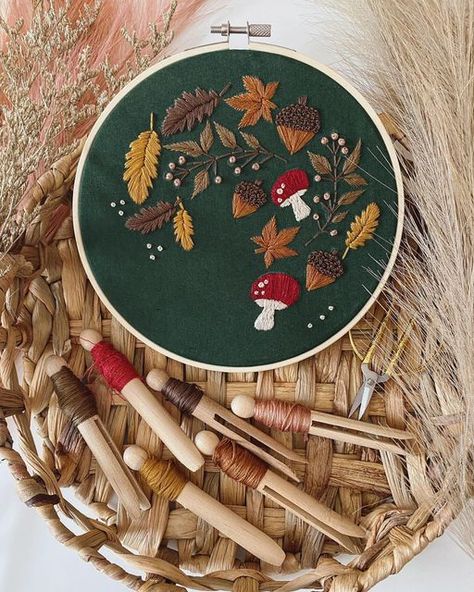 Katie Olivia ~ Embroidery on Instagram: "Forest core….🌲🍄🍂🌿🌰 The perfect combination of autumn colours! And how they pop on the green fabric🤩 Link in my bio 🌟" Embroidery Fall Patterns, Pdf Pattern Embroidery, Hand Embroidery Ideas, Cottagecore Embroidery, Hoop Wall Art, Leaves Changing Color, Forest Core, Pattern Embroidery, Autumn Forest