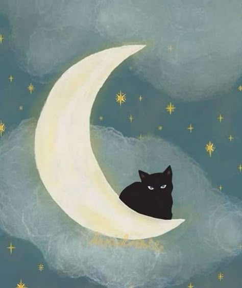 Black Cat Aesthetic Painting, Cat On A Moon Drawing, Cat On The Moon Drawing, Cat Moon Painting, Cat Moon Illustration, Cat And Moon Drawing, Moon Drawing Wallpaper, Black Cat Art Illustration, Moon Drawings Aesthetic