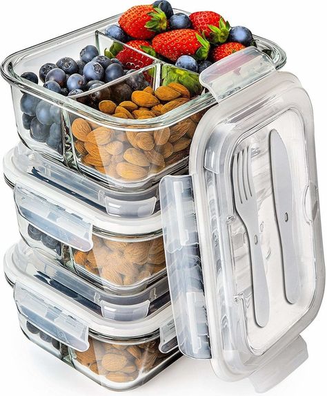 The glass set is $22.99 for a set of 3. 16 Easy Bento Box Lunch Ideas For Anyone Avoiding Carbs Glass Lunch Containers, Glass Meal Prep Containers, Bento Boxes Containers, Glass Meal Prep, Glass Storage Containers, Food Storage Container Set, Meal Prep Containers, Lunch Containers, Glass Food Storage