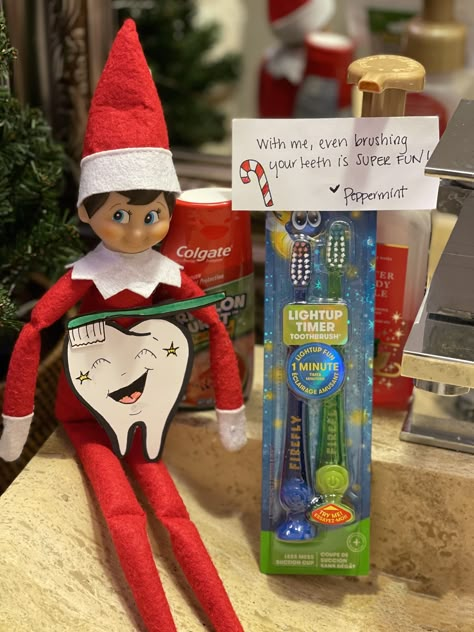 After many sweet treats, our sweet elf brings us fun toothbrushes and toothpaste Elf On Shelf Toothbrush, Elf Toothbrush Ideas, Elf Brushing Teeth, Elf On The Shelf Brings Gifts, Elf On The Shelf Toothbrush, Elf On The Shelf Toothpaste, Elf On Shelf Funny, Christmas Gift Themes, Shelf Ideas