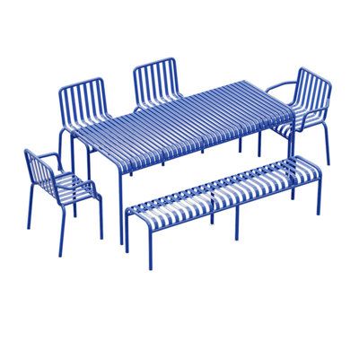 Products include: Table *1+ armchair *2+ Armless chair *2+ bench *1 Corrigan Studio® Size: 29.53"H x 70.87"L x 27.56"W | Corrigan Studio® Outdoor leisure simple table & chair set / grayMetal in Blue | 29.53"H x 70.87"L x 27.56"W | Wayfair Metal Dining Bench, Garden Pools, Modern Front Door, Table And Chair Set, Color Decor, Furniture Rehab, Outdoor Landscape, Iowa City, Simple Table