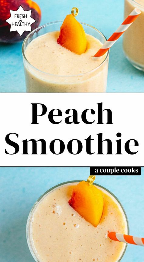 Here's how to make the best peach smoothie! The incredible creamy flavor tastes like a milkshake, but it's full of healthy ingredients. #peach #smoothie #peachsmoothie #healthy #breakfast #snack #smoothierecipe Healthy Delicious Smoothies, Holiday Smoothies, Peach Banana Smoothie, Peach Mango Smoothie, Peach Smoothie Recipes, Smoothie Recipes With Yogurt, Blueberry Banana Smoothie, Peach Smoothie, Fruit Smoothie Recipes Healthy