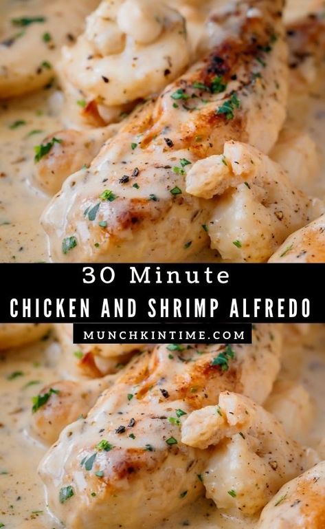 Creamy Chicken Shrimp Pasta, Shrimp And Chicken Alfredo Pasta, Shrimp Chicken Pasta Recipes, Chicken Shrimp Broccoli Alfredo, Alfredo Sauce Recipe With Shrimp, Chicken And Shrimp Recipes Pasta, Chicken In Alfredo Sauce, Easy Chicken And Shrimp Alfredo, Creamy Garlic Shrimp Pasta Recipes Alfredo Sauce