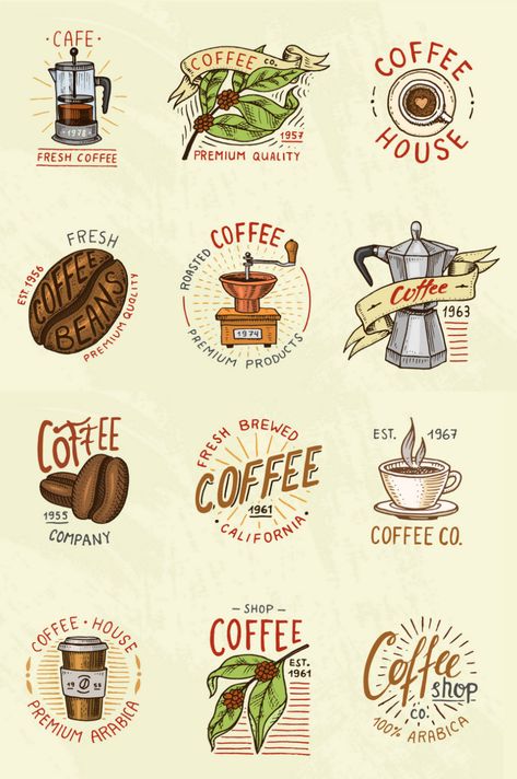 Logo For Coffee Shop Ideas, Dog Cafe Design Ideas, Coffee Logo Inspiration, Cafe Signs Ideas, Vintage Coffee Design, Coffee Design Ideas Art, Cafe Shop Logo Design, Coffee Shop Logos Ideas Inspiration, Cafe Logo Inspiration