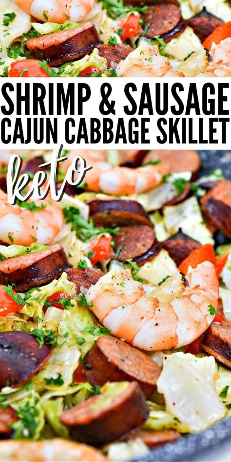 Keto Shrimp & Sausage Cajun Cabbage Skillet - Fiery flavors combine to create an irresistible dinner! Keto Cajun cabbage skillet is filled with sausage and shrimp, with bold flavors. #keto #ketorecipes #ketodiet #Ketocajuncabbage #ketocabbageskillet #dinnerideas #seafood #cajun #summerrecipes #food #recipes Low Carb Cajun Shrimp And Sausage, Cajun Shrimp And Sausage Skillet Keto, Cajun Chicken Sausage And Cabbage Skillet, Shrimp And Kabasa Recipes, Cajun Cabbage Skillet, Shrimp And Sausage Recipes Keto, Sausage Shrimp Cabbage, Cajun Sausage And Cabbage, Keto Sausage And Cabbage Skillet