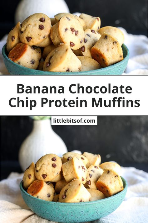 Banana Chocolate Chip Protein Muffins - Little Bits of... Banana Chocolate Chip Mini Muffins, Gluten Free Protein Muffins, Vegan Banana Chocolate Chip Muffins, Chocolate Chip Protein Muffins, Banana Chip Muffins, Banana Protein Muffins, Low Calorie Protein, Quick Protein, Chocolate Banana Muffins