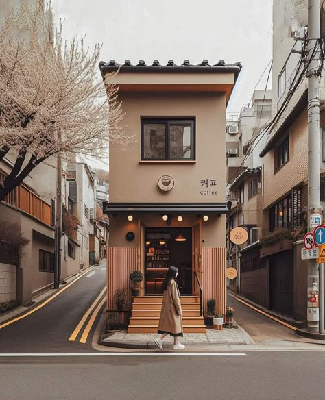 Japanese Cafe Design Coffee Shop, Seoul Cafe Design, South Korea Moodboard, Japanese Inspired House Exterior, Storefront Photography, South Korea Cafe, Small Shop Ideas, Korea Building, Cafe Environment