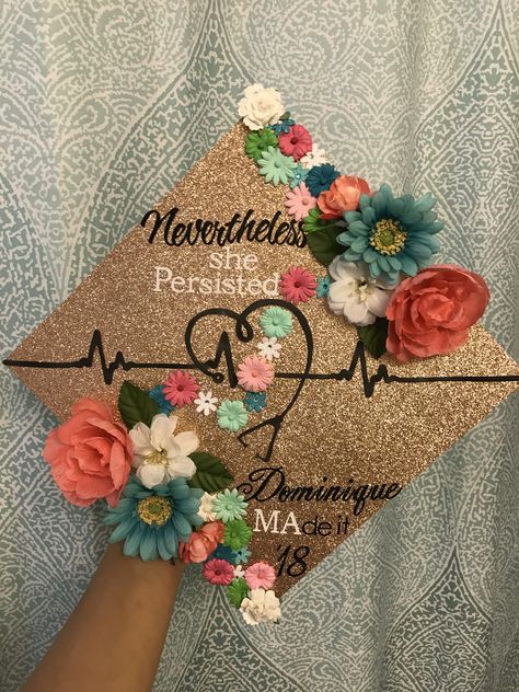 Nevertheless she persisted. Cap for a Medical Assistant! #medicalgraduationcap #nursinggradcap #medicalassistantcap #graduationcap #gradcap #decoratedcap #floralgraduationcap Ma Cap Decoration Graduation, Medical Assistant Cap And Gown, Graduation Cap Designs For Medical Assistant, Cap Decoration Graduation For Medical Assistant, Medical Assistant Graduation Cap Ideas, Graduation Caps Medical Assistant, Cma Graduation Cap Ideas, Medical Assistant Party Ideas, Medical Assistant Graduation Party Ideas