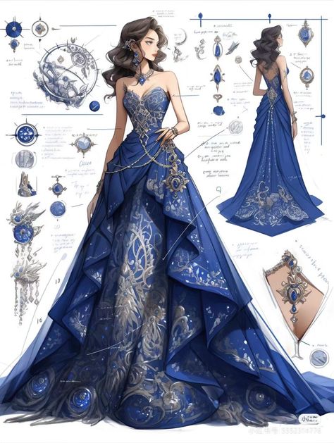 Blue Fantasy Dress, Blue Gowns, Blue Aesthetics, Magical Dress, Dreamy Gowns, Dress Illustration, Dress Design Drawing, Costume Inspo, Fantasy Dresses