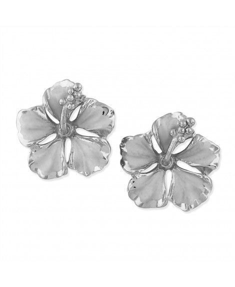 Rhodium Plated Sterling Silver 1/2 Inch Hibiscus Stud Earrings - CN11MDMIUAV #Stud #Earrings # #Stud Rough Gemstone Jewelry, Vintage Diamond Earrings, Vintage Drop Earrings, Silver Jewelry Earrings, Gold Paper, Silver Jewelry Pendant, Black Jewelry, Earrings Stud, Sapphire Earrings