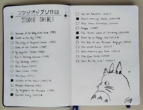 Studio Ghibli Study Motivation, Studio Ghibli Checklist, Ghibli Checklist, Amanda Rachlee, Anime Checklist, Creating A Bullet Journal, Bullet Journal Notes, Journal Idea, Diary Covers