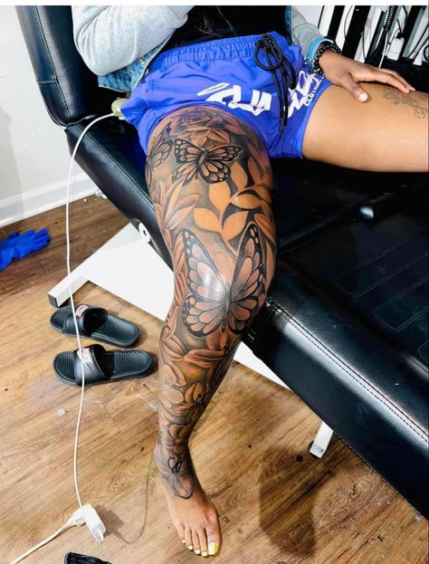 Cute Front Thigh Tattoos Black Women, Hip Tattoos Women Thigh Elephant, Full Right Leg Tattoo, Full Sleeve Tattoos With Meaning, Roses Leg Sleeve Tattoo, Lion Tatoos Woman Thigh, Thigh And Leg Tattoo, Cover Up Tattoo Black Women, Baddie Leg Sleeve Tattoo