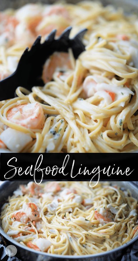 Linguine pasta tossed with fresh seafood like shrimp, sea scallops and lump crab meat in a creamy white wine alfredo sauce. Seafood Bucatini Recipes, Recipes Using Lump Crab Meat, Seafood Tetrazzini Recipes, Crockpot Seafood Alfredo, Crab And Lobster Pasta, Scallop Alfredo Pasta Recipe, White Crab Meat Recipes, Seafood Alfredo Sauce, Seafood Cannelloni Recipe