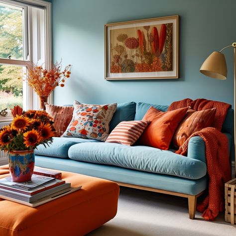 "Merge the delicate artistry of floral embroidery with the zest of orange cushions, all set against a tranquil sky blue sofa. It's a melody of nature and vibrancy, perfect for a refreshing living space." #FloralFusion #OrangeZest #SereneSpaces #EmbroideryElegance #cushioncover #cushion #cushions #cushioncovers #homeinspo #homedeco 🌼🍊🛋️🎨🌸🌿 Blue Sofa Orange Cushions, Sky Blue Couch Living Room, Living Room Blue And Orange, Light Blue And Orange Living Room, Art Over Sofa Living Rooms, Orange And Blue Living Room Decor Ideas, Orange And Blue Aesthetic Living Room, Blue And Orange Living Room Color Scheme, Orange Blue Interior