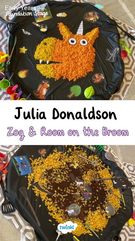 Some more Julia Donaldson inspiration for you! Room on the broom activities and Zog activities. These are great activities for babies as they include lovely sensory and messy play elements. Special thanks to @peekaboo_play_cafe_guildford Dragon Tuff Tray, Book Week Ideas Activities For Kids, Room On The Broom Tuff Tray, World Book Day Activities For Toddlers, Zog Activities, Zog Eyfs Activities, Julia Donaldson Activities Eyfs, Julia Donaldson Activities, Eyfs Books