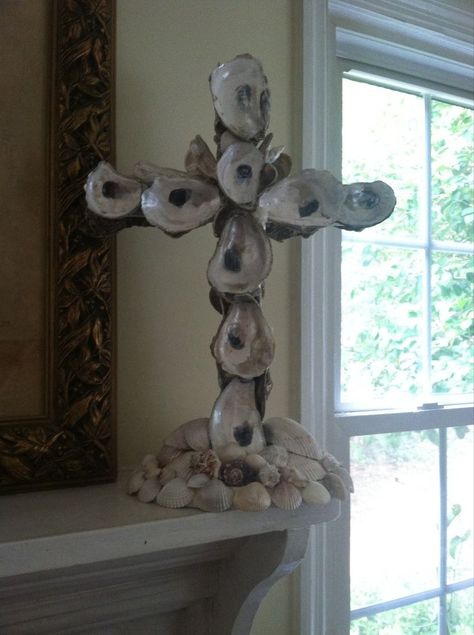 Oyster Garland, Sea Shell Cross, Oyster Shell Cross, Oyster Shell Candle Holder, Dried Okra, Picnic Table Makeover, Unusual Crafts, Meaningful Crafts, Koala Craft