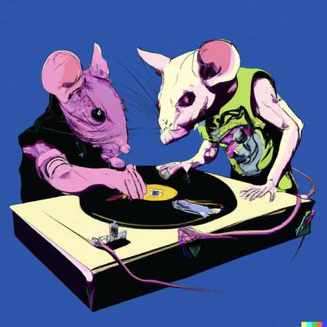 Cyberpunk illustration of a mice putting a vinyl record in a record player Cyberpunk Illustration, Spotify Playlist, Mice, Cyberpunk, Dj