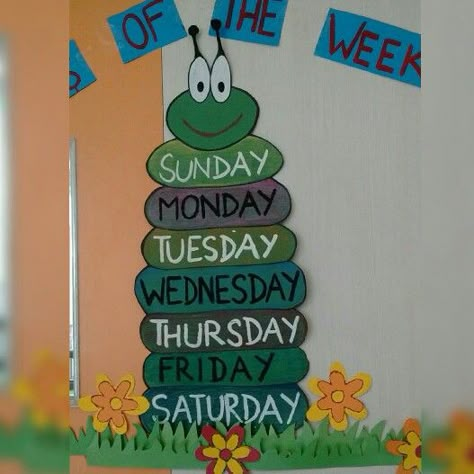 Days of the week board Tlm For Days Of Week, Days Name Chart For Kids, Alphabets Chart For Preschool, Class Name Plate Ideas, Days Of Week Chart Preschool, Week Days Chart For Kids, Days Of The Week Chart Classroom Decor, Creative Charts For Classroom Ideas, Decorative Plates Diy