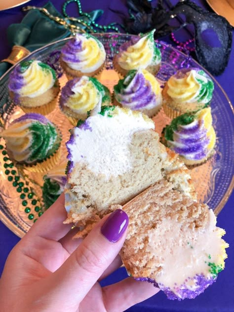 King Cake Cupcakes Mardi Gras Dessert Recipe | The Rose Table King Cake Cupcake, King Cake Bundt Recipe, Mardi Gras King Cake Cupcakes, Mardi Gras Dessert Ideas, King Cake Muffins, King Cake Cupcakes Easy, Fat Tuesday Desserts, King Cakes Recipe, Mardi Gras Cupcakes Ideas